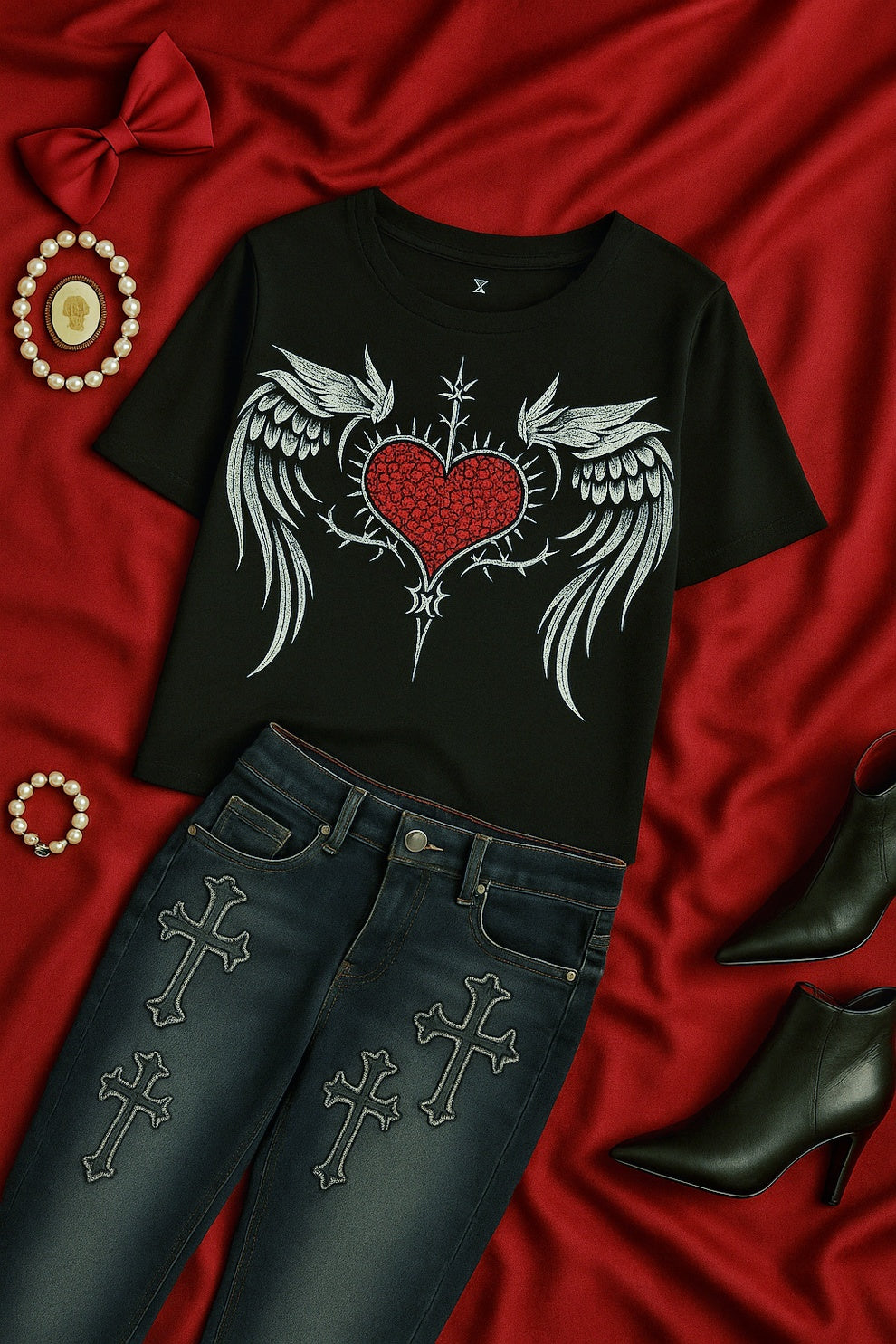 Crimson Wings Gothic Heart T-Shirt T-Shirt – Gothic Aesthetic Streetwear(Code: ZX#155)