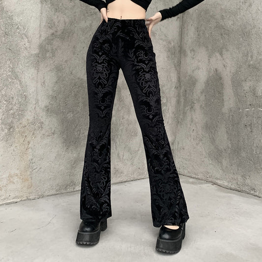 Women's Gothic Velvet High Waist Flare Pants – Dark Vintage Baroque Pattern Bell Bottom Trousers (Code: ZX#163)