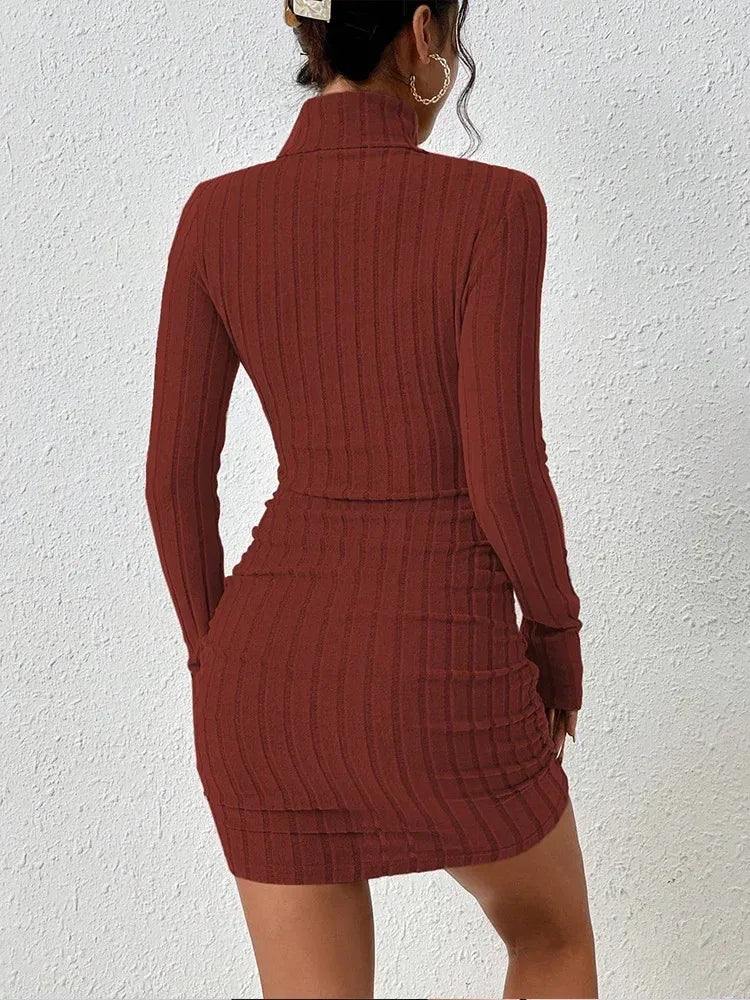 omen's Elegant Ribbed Knit Bodycon Mini Dress β Long Sleeve High Neck Slim Fit Winter Outfit