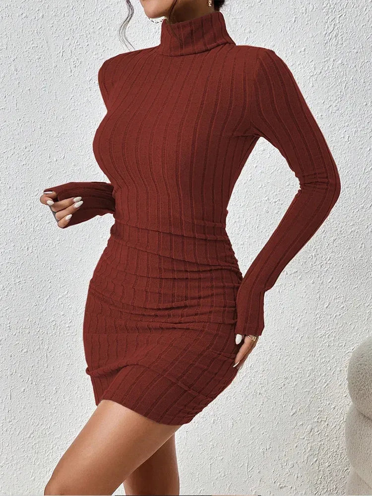omen's Elegant Ribbed Knit Bodycon Mini Dress β Long Sleeve High Neck Slim Fit Winter Outfit