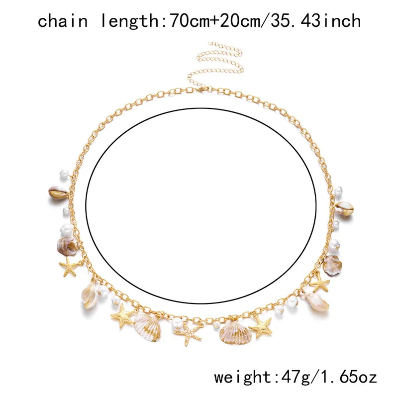 Women’s Boho Beach Waist Chain – Resin Pearl Body Chain with Starfish & Conch Shell Design