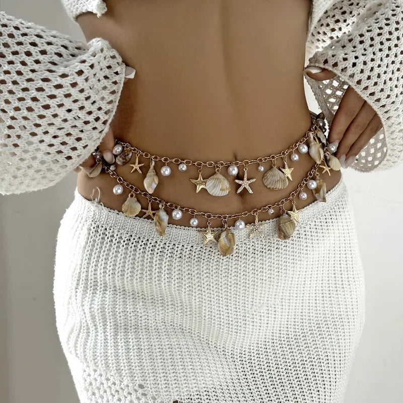 Women’s Boho Beach Waist Chain – Resin Pearl Body Chain with Starfish & Conch Shell Design