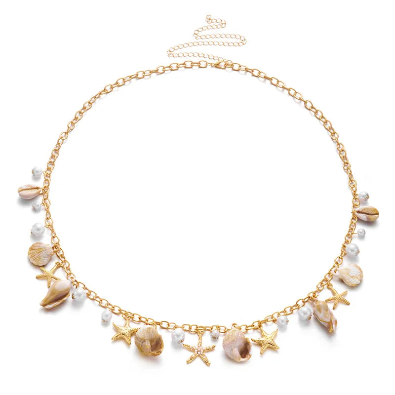 Women’s Boho Beach Waist Chain – Resin Pearl Body Chain with Starfish & Conch Shell Design
