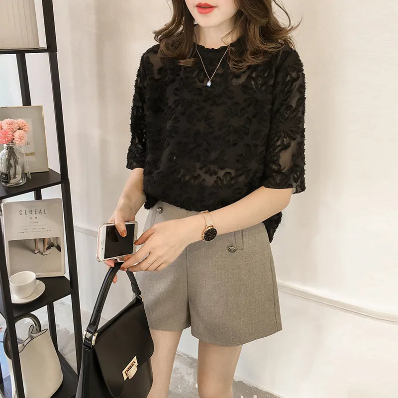 Women's Elegant Floral Lace Chiffon Blouse – Short Sleeve Loose Fit Sheer Top, Summer Casual Chic Style