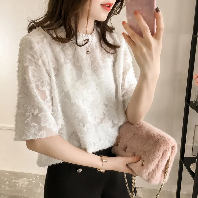 Women's Elegant Floral Lace Chiffon Blouse – Short Sleeve Loose Fit Sheer Top, Summer Casual Chic Style