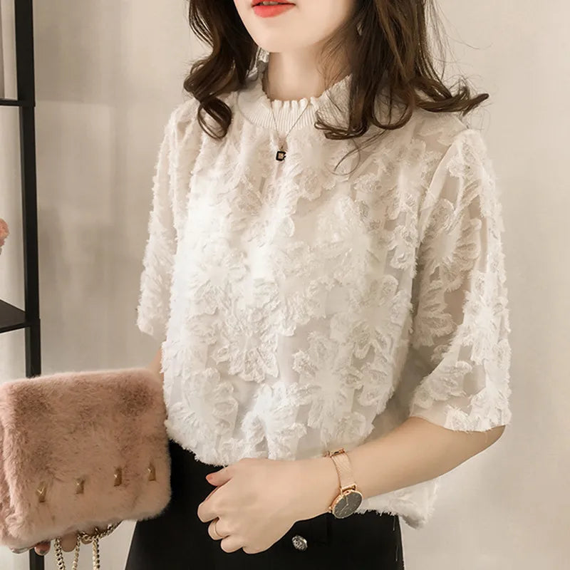 Women's Elegant Floral Lace Chiffon Blouse – Short Sleeve Loose Fit Sheer Top, Summer Casual Chic Style