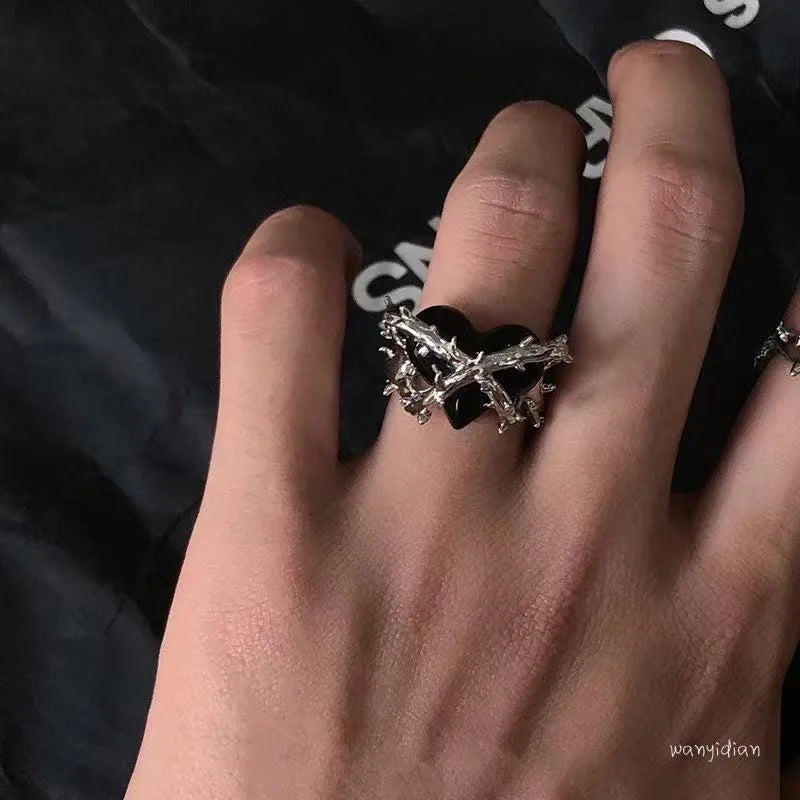 Gothic Black Heart Thorn Ring – Adjustable Open Ring