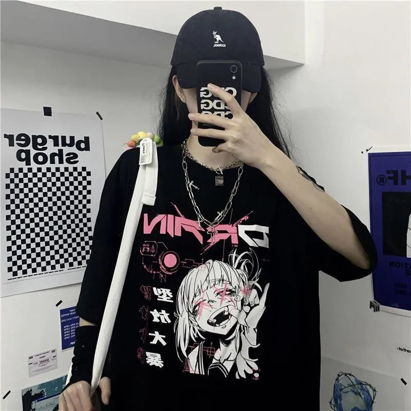 Gothic Punk Streetwear Women’s T-Shirt – Bad Anime Girl Graphic Tee, Y2K Dark Aesthetic Style