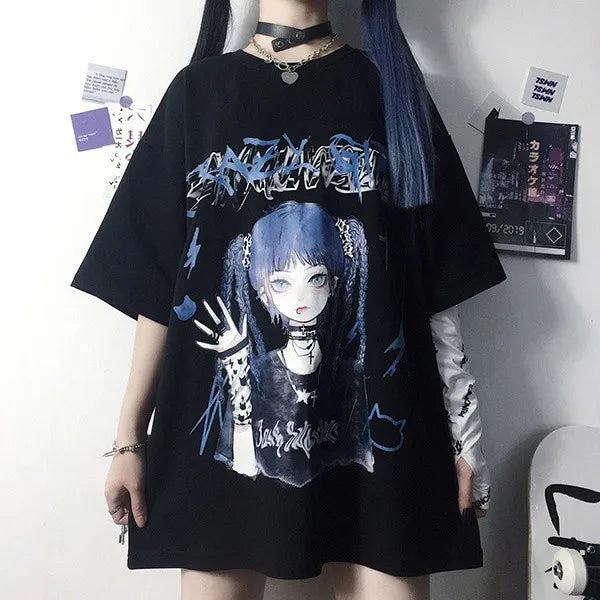 Gothic Punk Streetwear Women’s T-Shirt – Bad Anime Girl Graphic Tee, Y2K Dark Aesthetic Style
