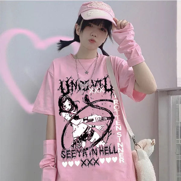 Gothic Punk Streetwear Women’s T-Shirt – Bad Anime Girl Graphic Tee, Y2K Dark Aesthetic Style