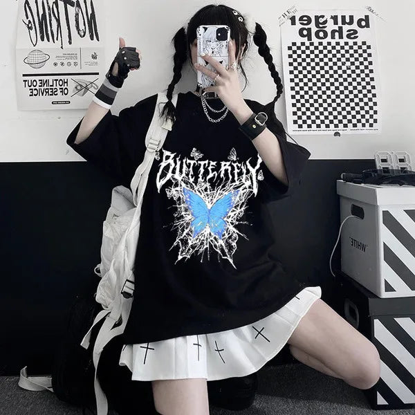 Shopee Wish Gothic Style Female T-shirt Punk Street Bad Girl Butterfly T-shirts