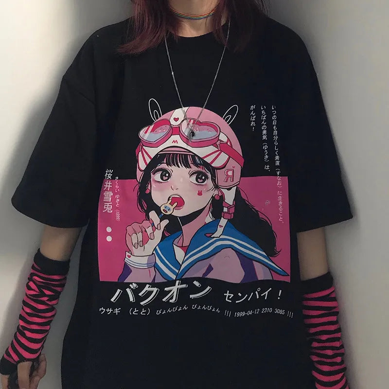 Gothic Punk Streetwear Women’s T-Shirt – Bad Anime Girl Graphic Tee, Y2K Dark Aesthetic Style