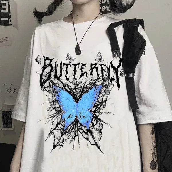 Shopee Wish Gothic Style Female T-shirt Punk Street Bad Girl Butterfly T-shirts