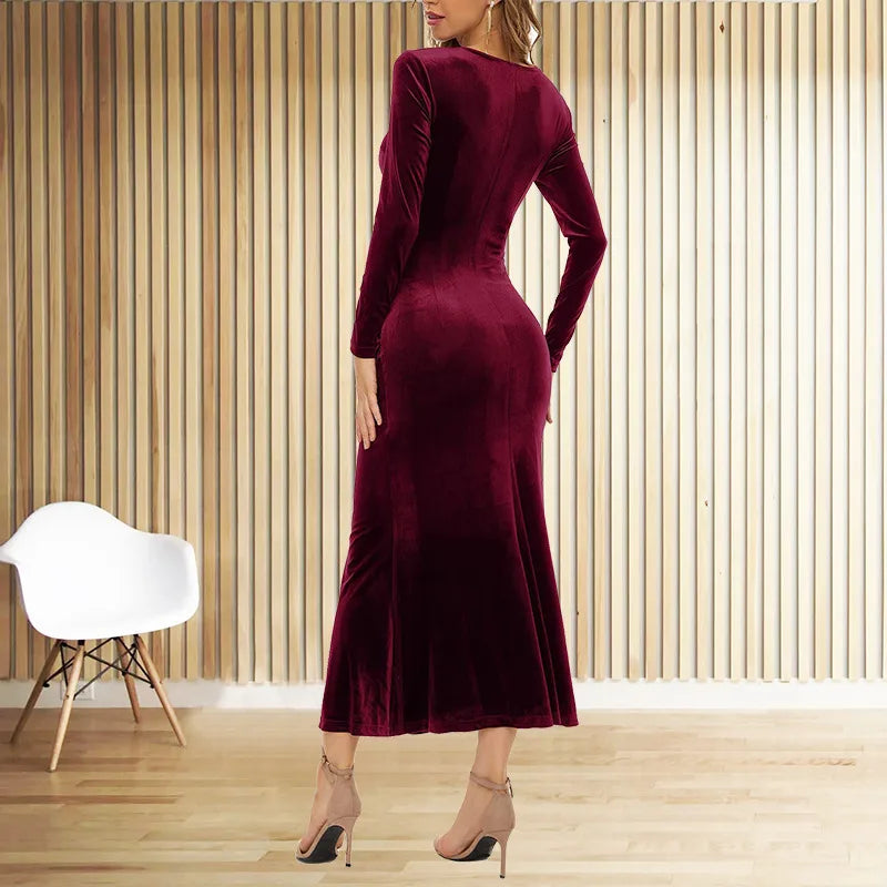 Elegant European V-Neck Bodycon Evening Gown – Long Sleeve Ankle-Length Fishtail Dress
