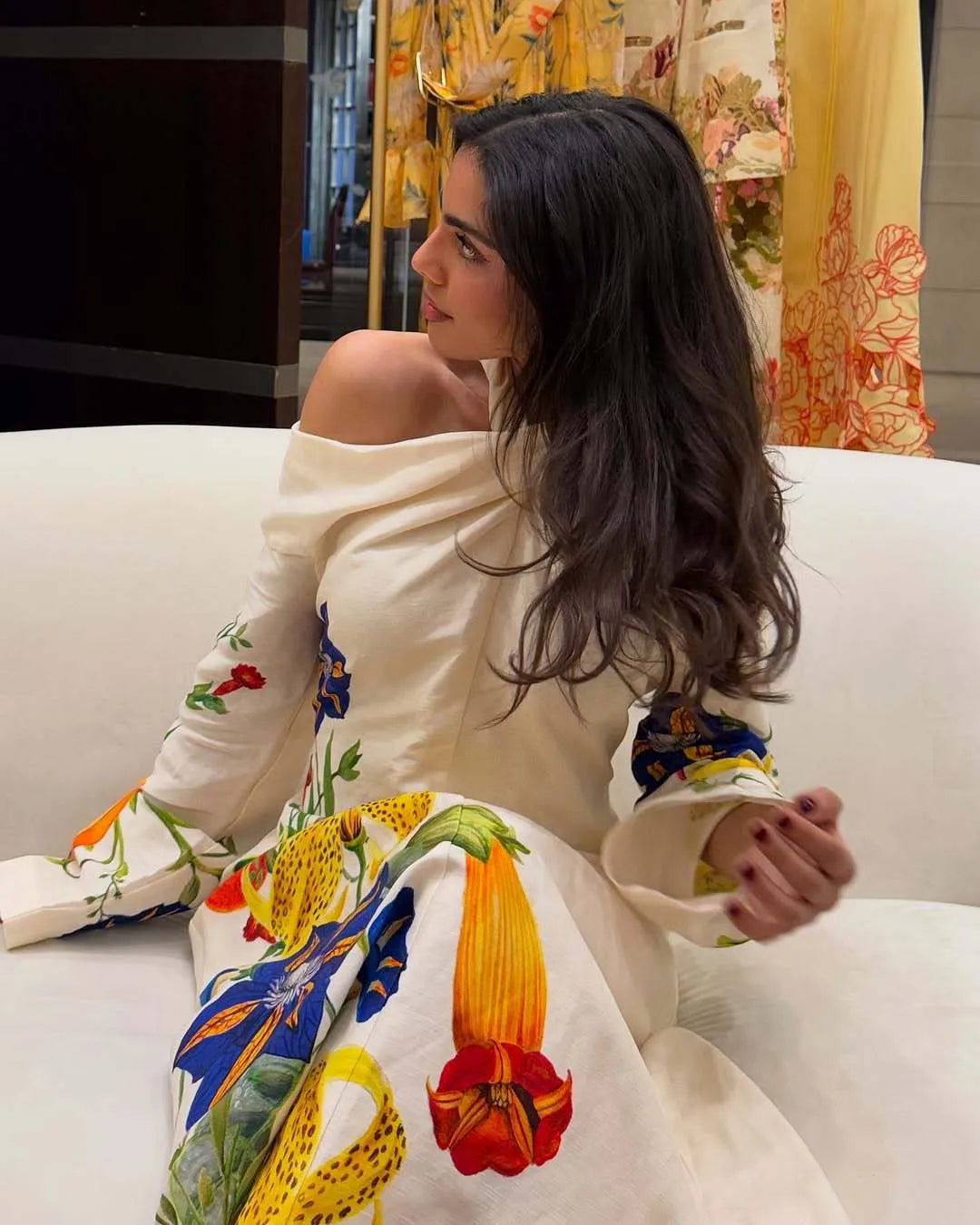 Elegant Long Printed Dress – Cross Neck, Off-Shoulder Cotton-Polyester Blend, Long Sleeve A-Line Ankle-Length Gown