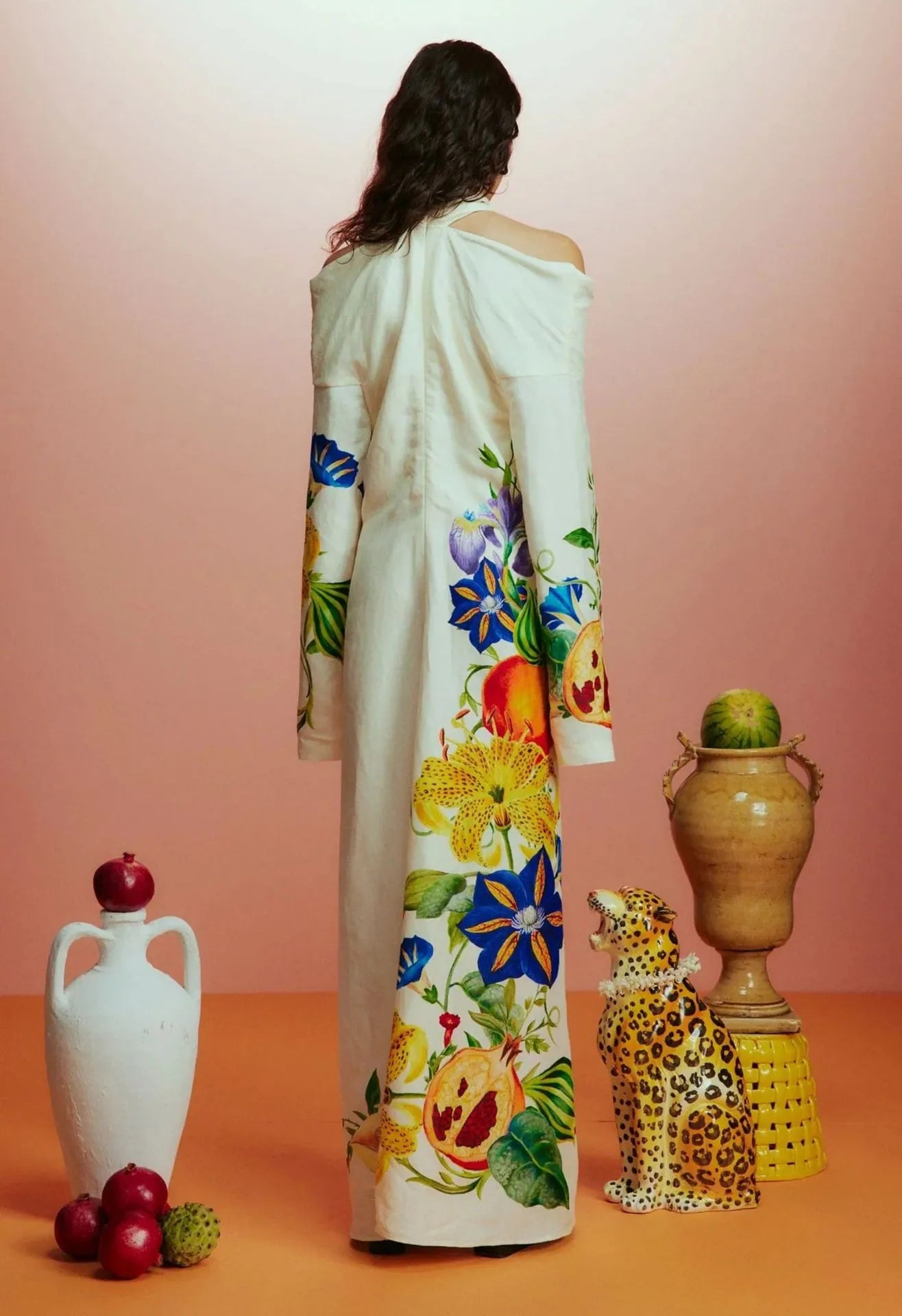 Elegant Long Printed Dress – Cross Neck, Off-Shoulder Cotton-Polyester Blend, Long Sleeve A-Line Ankle-Length Gown