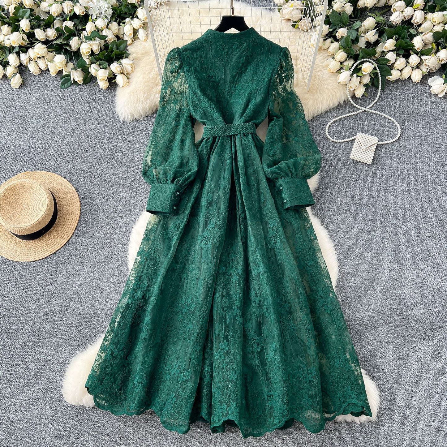 Women's Elegant French Lace Maxi Dress β Long Lantern Sleeve Embroidered A-Line Gown with Waist