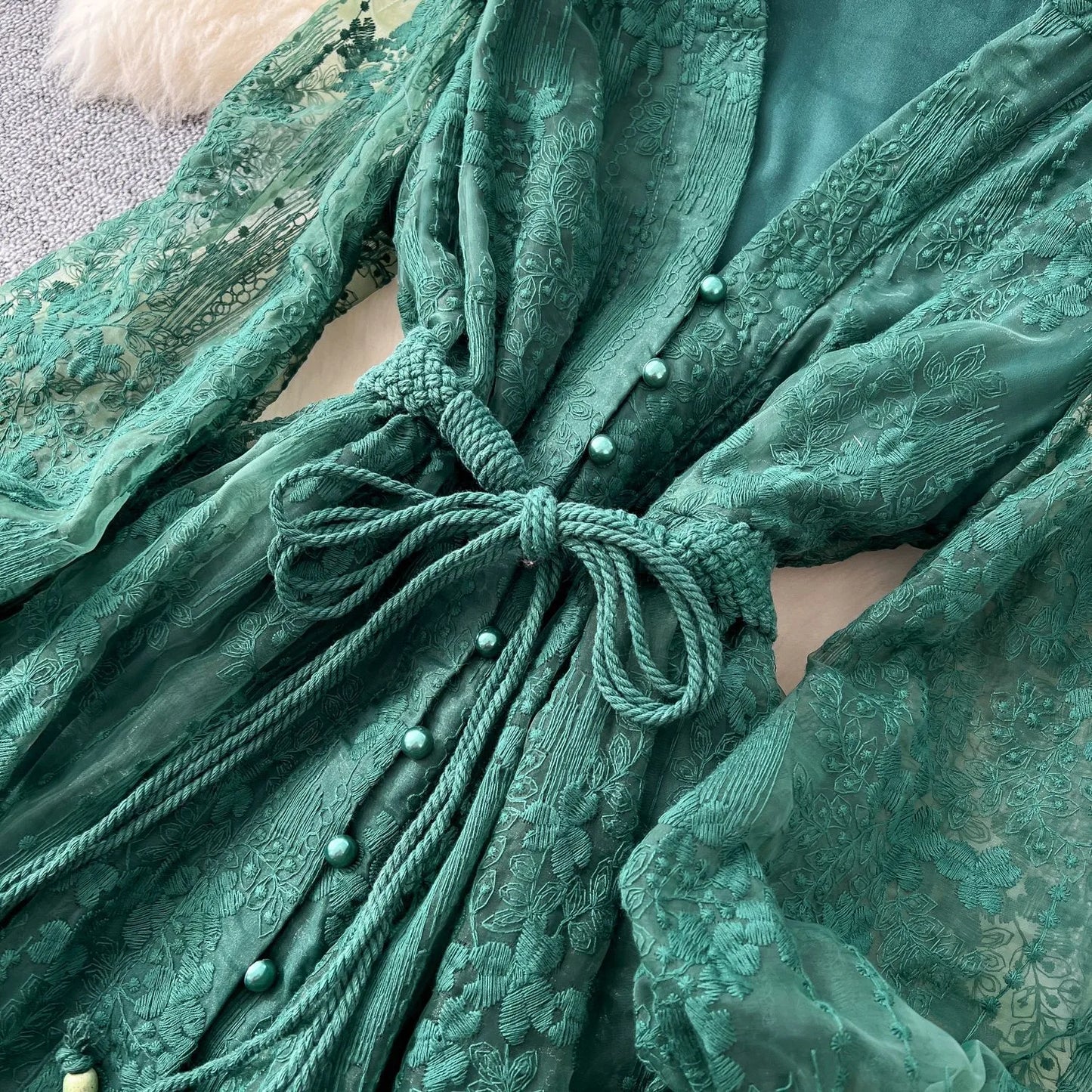 Women's Elegant French Lace Maxi Dress β Long Lantern Sleeve Embroidered A-Line Gown with Waist
