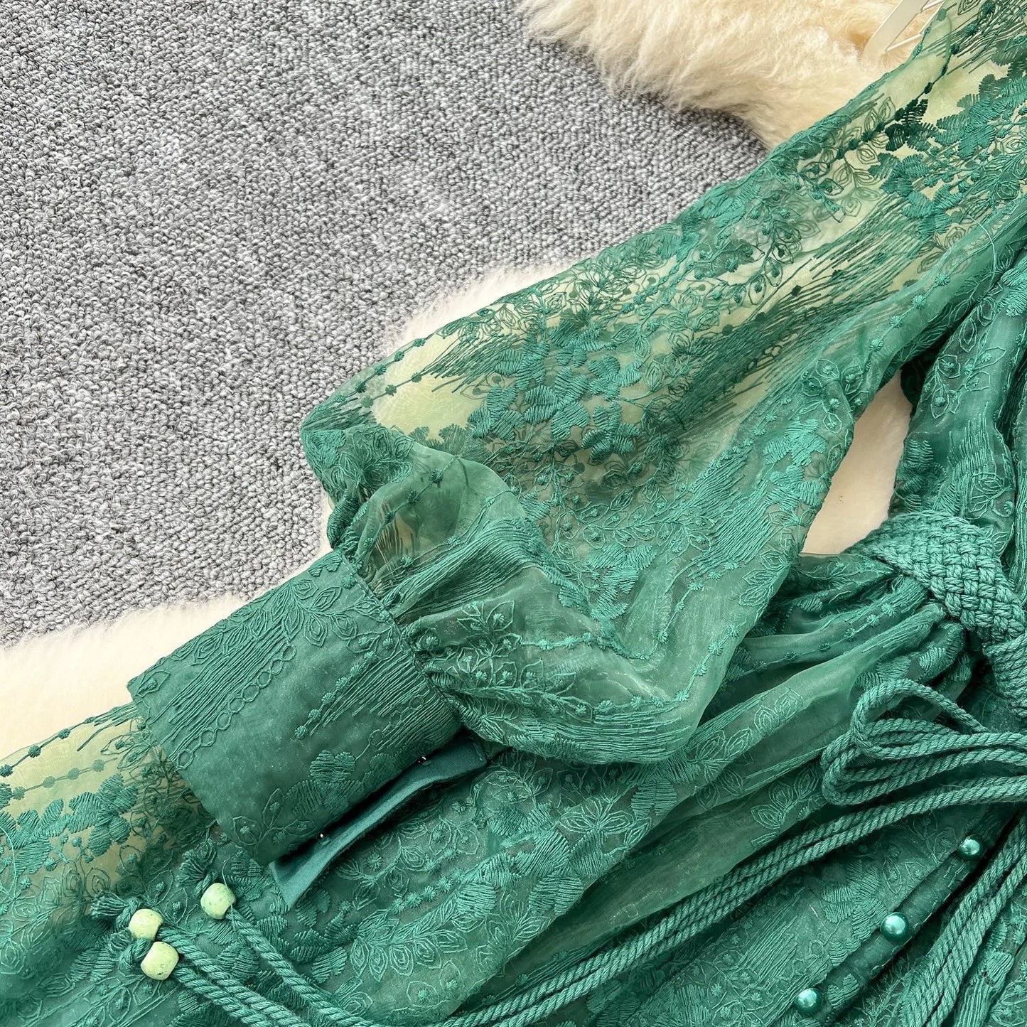 Women's Elegant French Lace Maxi Dress β Long Lantern Sleeve Embroidered A-Line Gown with Waist