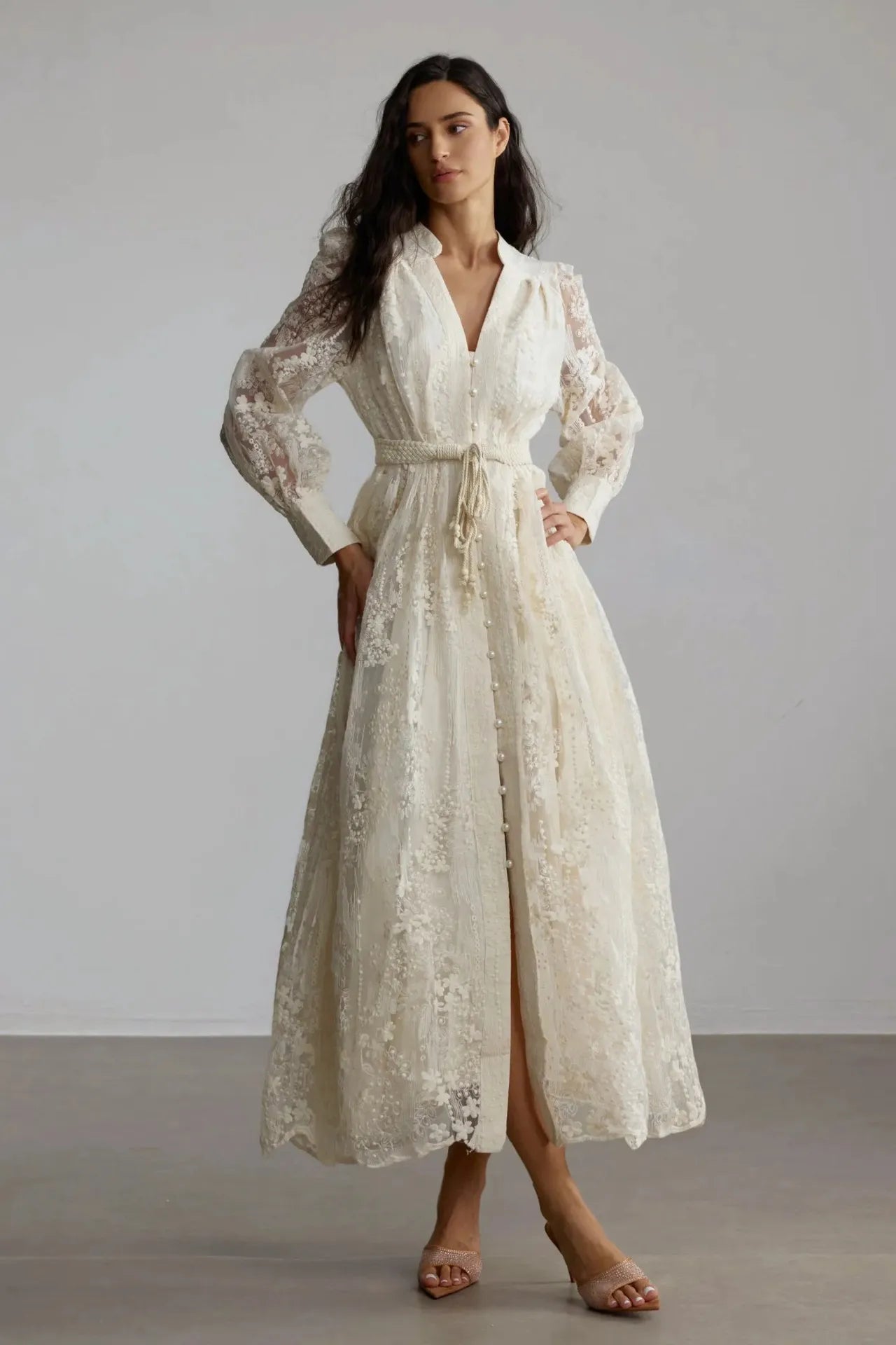 Women's Elegant French Lace Maxi Dress β Long Lantern Sleeve Embroidered A-Line Gown with Waist