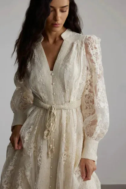 Women's Elegant French Lace Maxi Dress β Long Lantern Sleeve Embroidered A-Line Gown with Waist