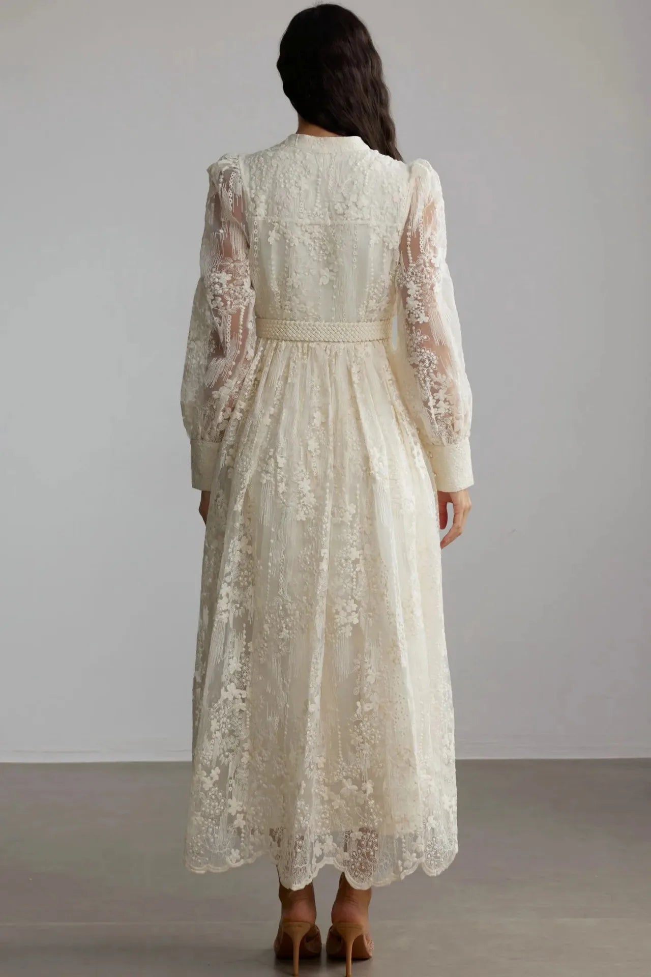 Women's Elegant French Lace Maxi Dress β Long Lantern Sleeve Embroidered A-Line Gown with Waist