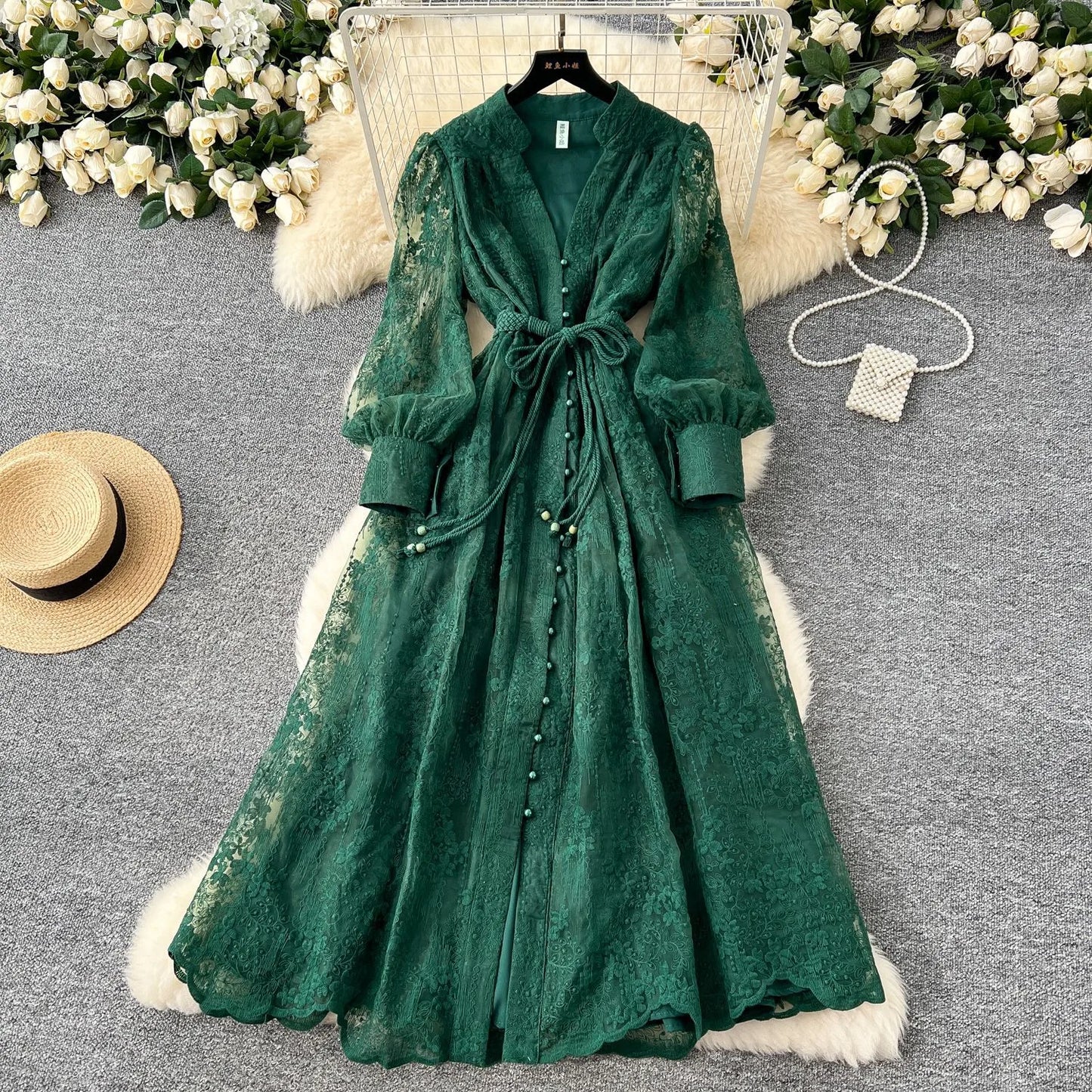 Women's Elegant French Lace Maxi Dress β Long Lantern Sleeve Embroidered A-Line Gown with Waist