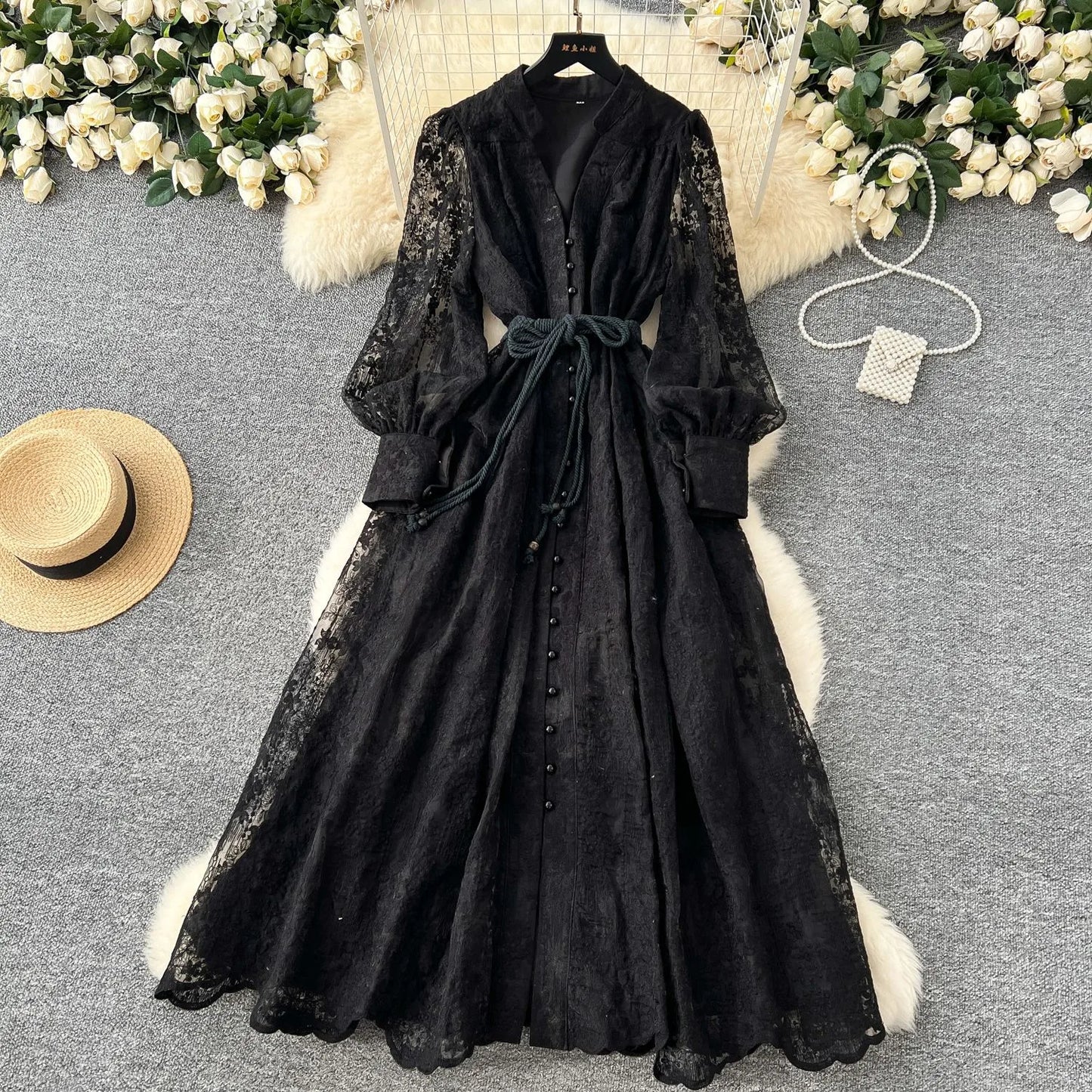 Women's Elegant French Lace Maxi Dress β Long Lantern Sleeve Embroidered A-Line Gown with Waist