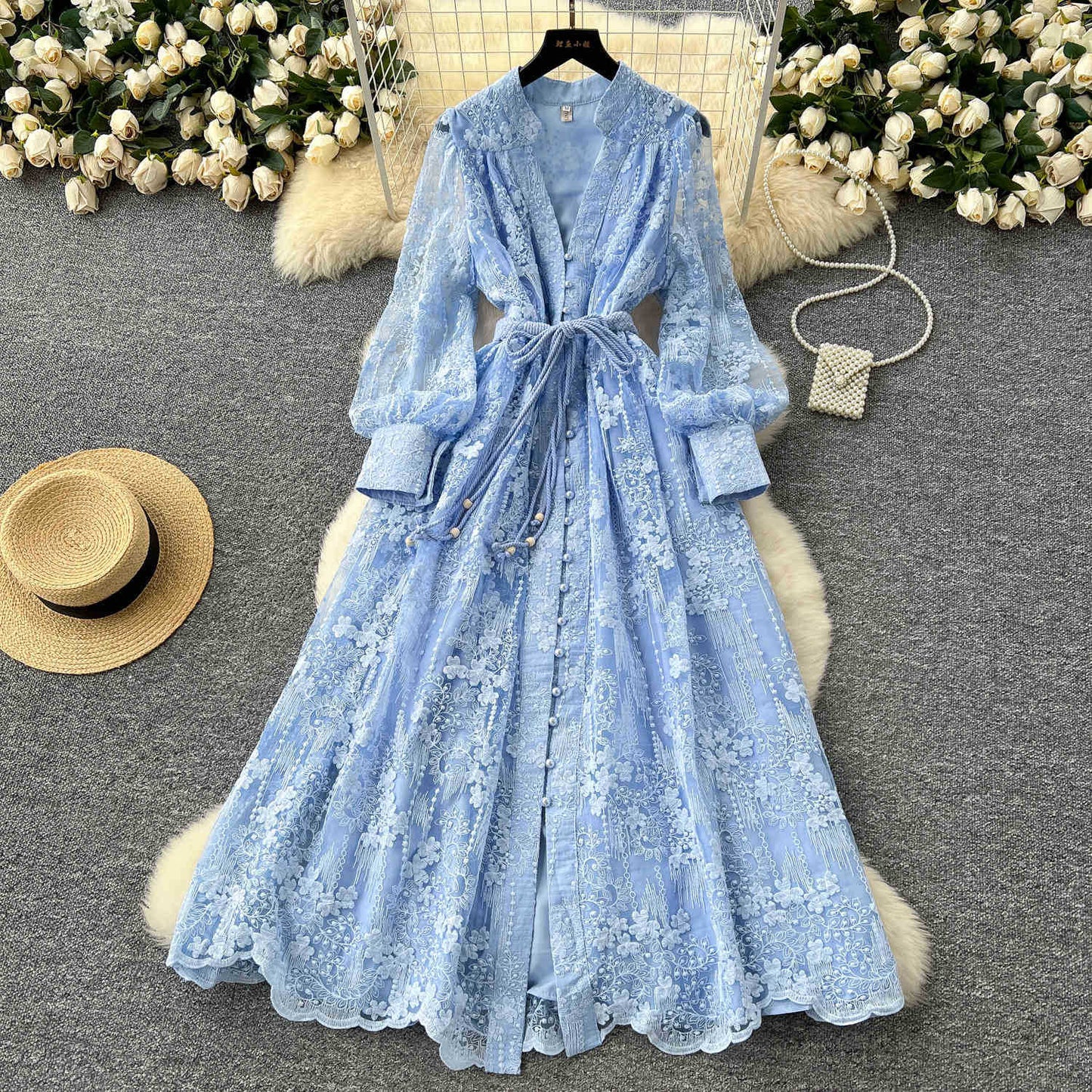 Women's Elegant French Lace Maxi Dress β Long Lantern Sleeve Embroidered A-Line Gown with Waist