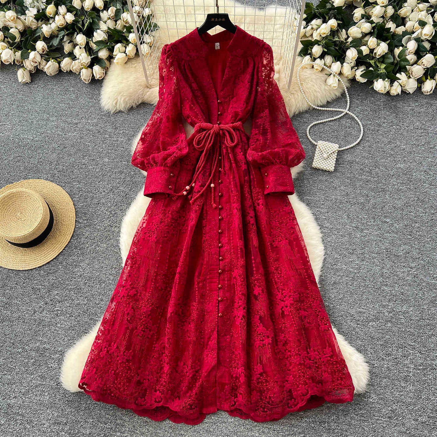 Women's Elegant French Lace Maxi Dress β Long Lantern Sleeve Embroidered A-Line Gown with Waist