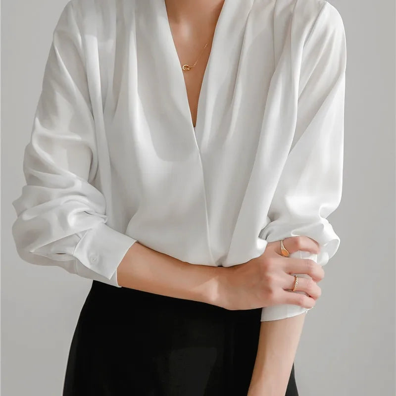 French White V-Neck Long Sleeve Drapey Office Shirt