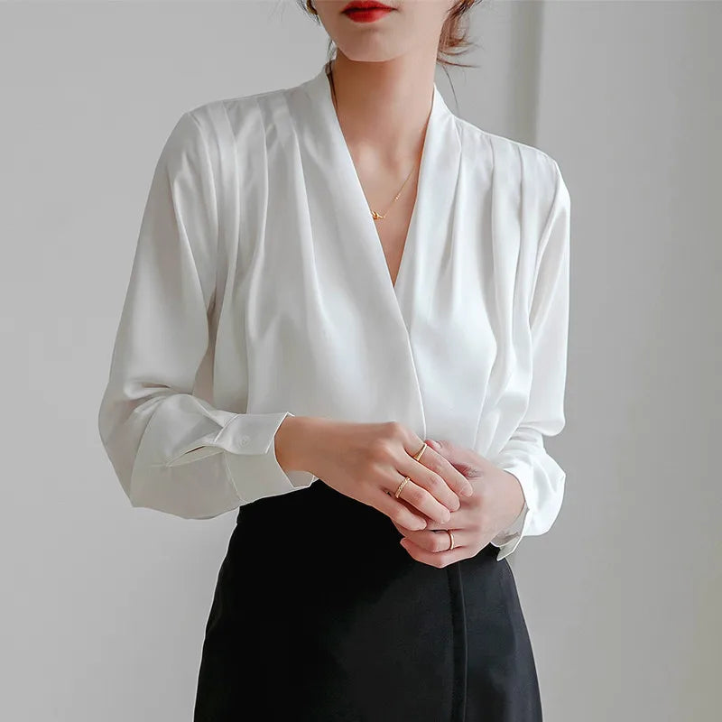 French White V-Neck Long Sleeve Drapey Office Shirt
