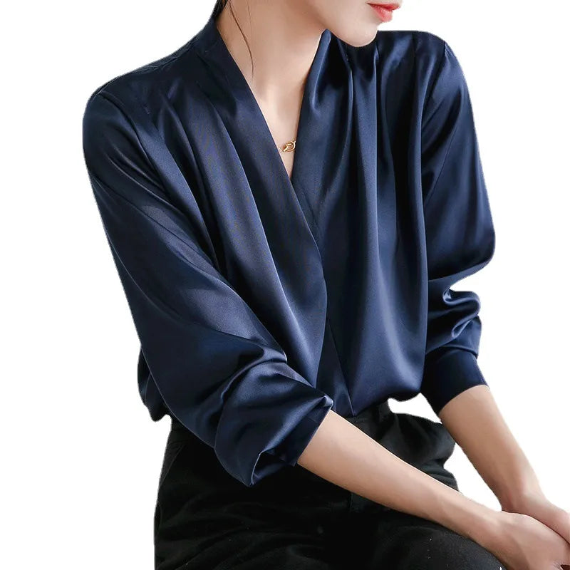 French White V-Neck Long Sleeve Drapey Office Shirt