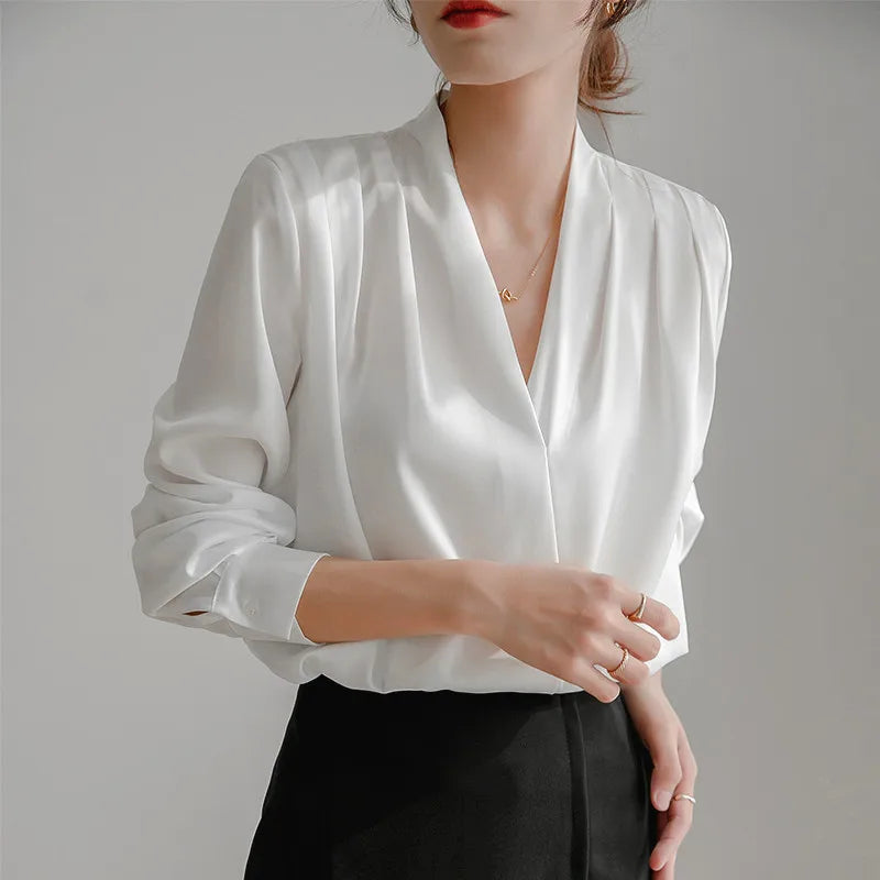 French White V-Neck Long Sleeve Drapey Office Shirt