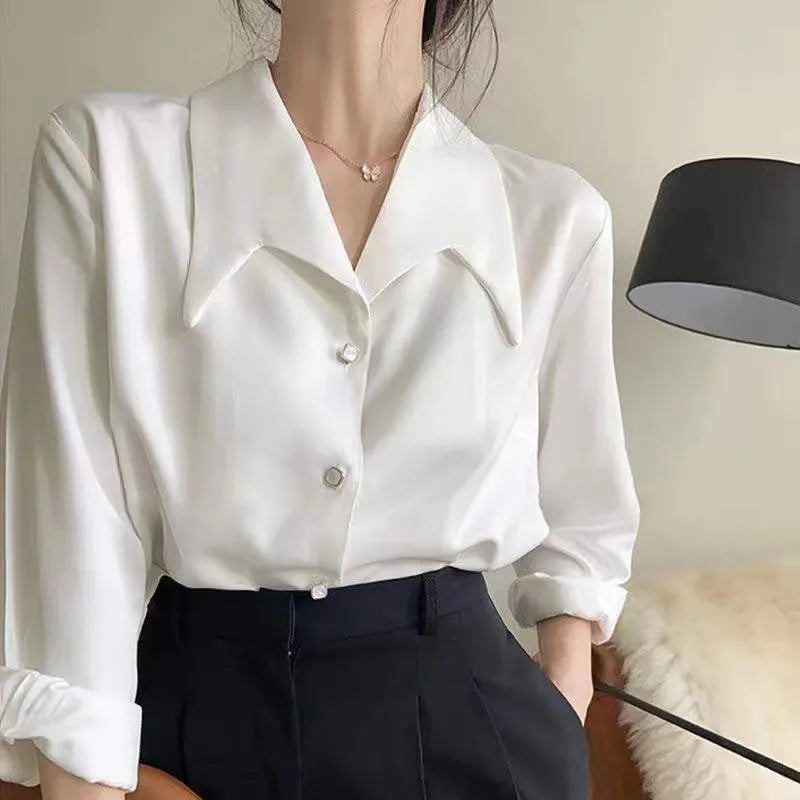 Women’s Elegant French Style White Shirt – High Collar Long Sleeve Professional Business Top