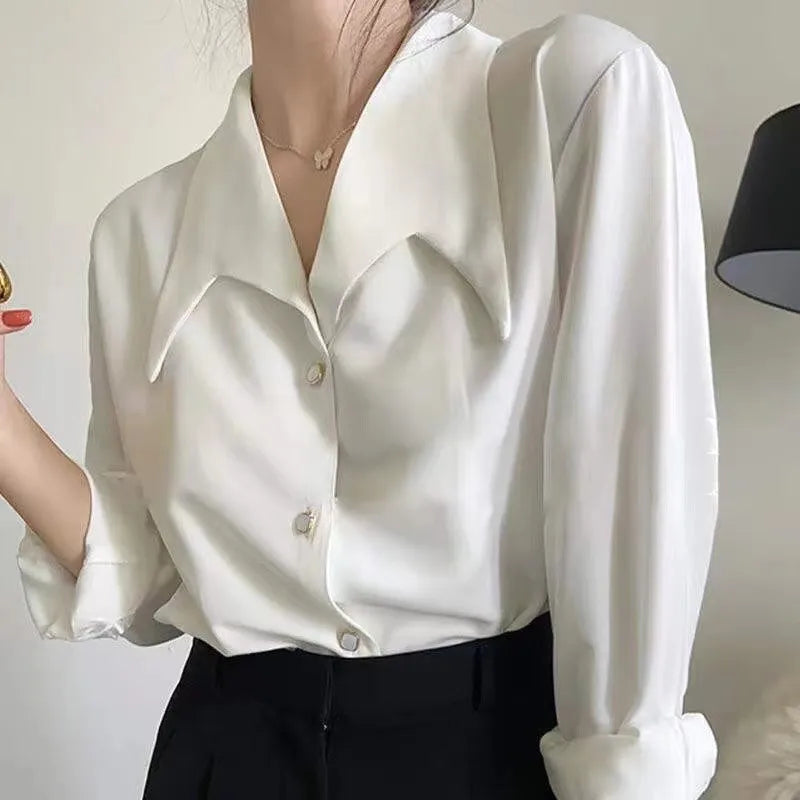 Women’s Elegant French Style White Shirt – High Collar Long Sleeve Professional Business Top