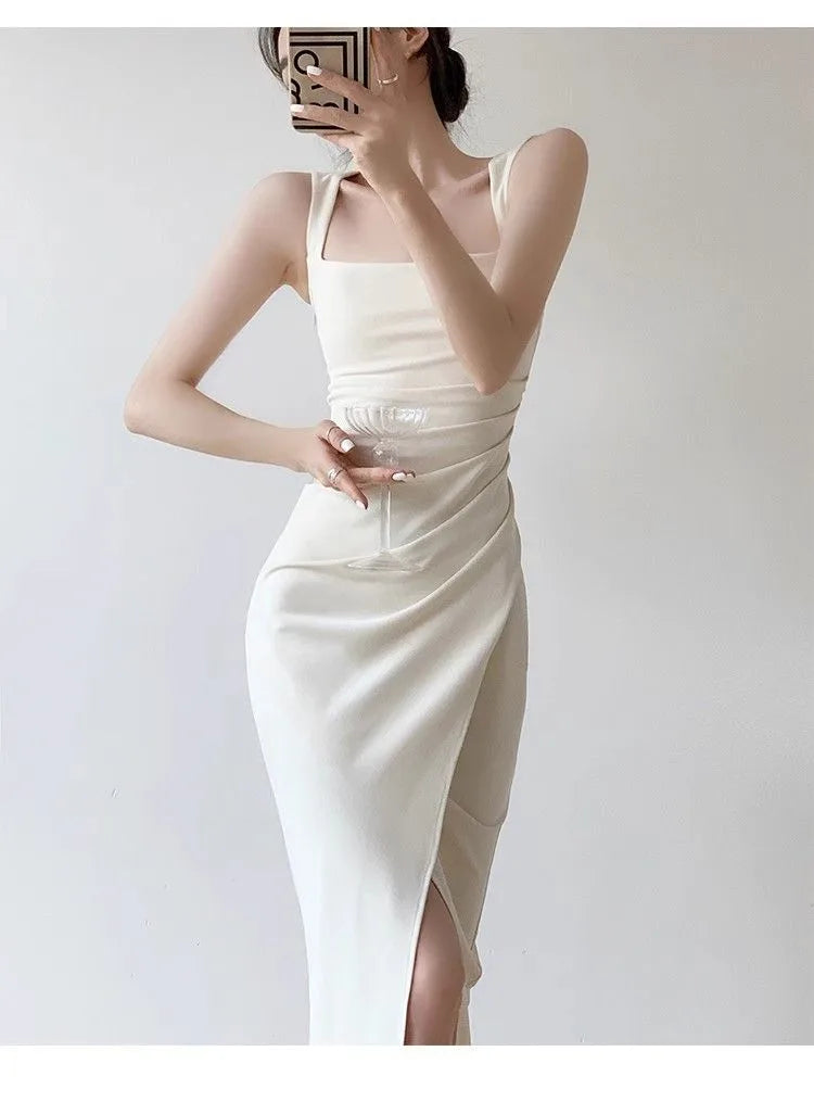 Women's Elegant French Square Neck Sleeveless Maxi Dress β Waist Cinching Slit Long Gown