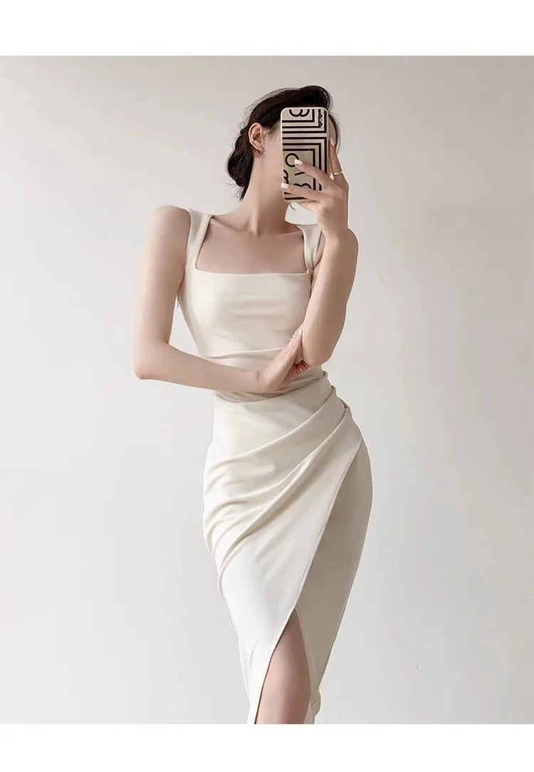 Women's Elegant French Square Neck Sleeveless Maxi Dress β Waist Cinching Slit Long Gown