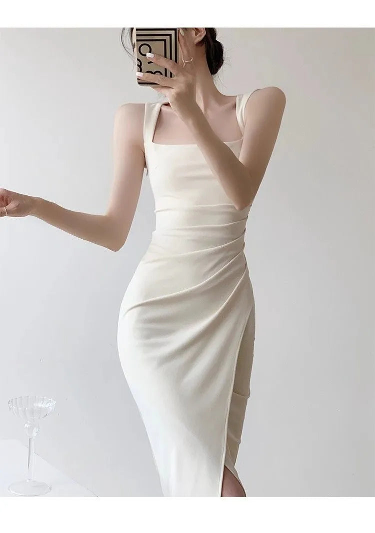 Women's Elegant French Square Neck Sleeveless Maxi Dress β Waist Cinching Slit Long Gown