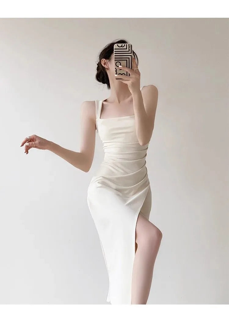 Women's Elegant French Square Neck Sleeveless Maxi Dress β Waist Cinching Slit Long Gown