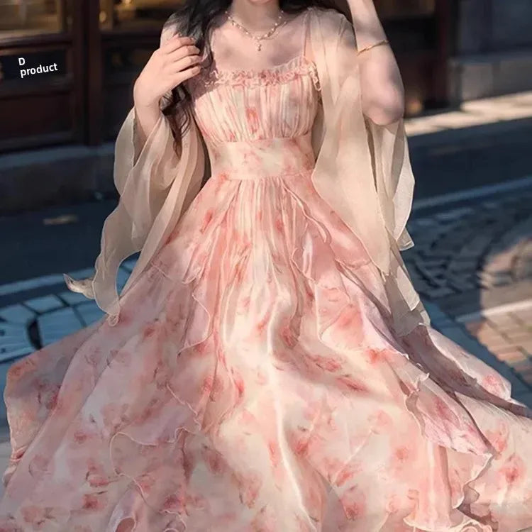 Elegant Floral Ruffled Maxi Dress with Sheer Cardigan – Women's Summer Fairy Style Two-Piece Set