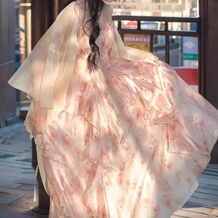 Elegant Floral Ruffled Maxi Dress with Sheer Cardigan – Women's Summer Fairy Style Two-Piece Set