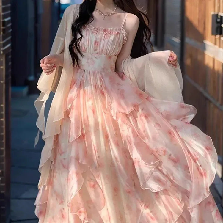 Elegant Floral Ruffled Maxi Dress with Sheer Cardigan – Women's Summer Fairy Style Two-Piece Set