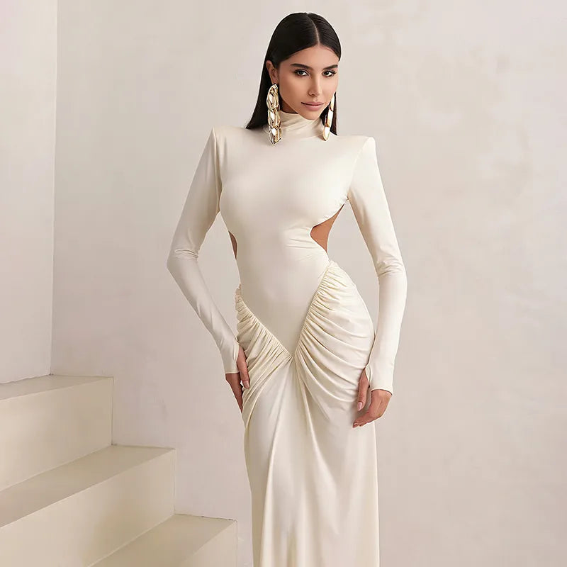 Elegant High Collar Long Sleeve Bodycon Maxi Dress – Slim Fit, Side Cut-Out, Ruched Waist, Evening Gown for Women