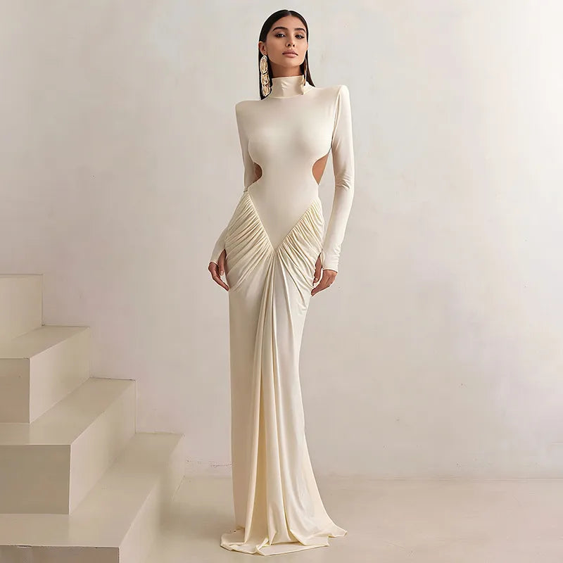 Elegant High Collar Long Sleeve Bodycon Maxi Dress – Slim Fit, Side Cut-Out, Ruched Waist, Evening Gown for Women