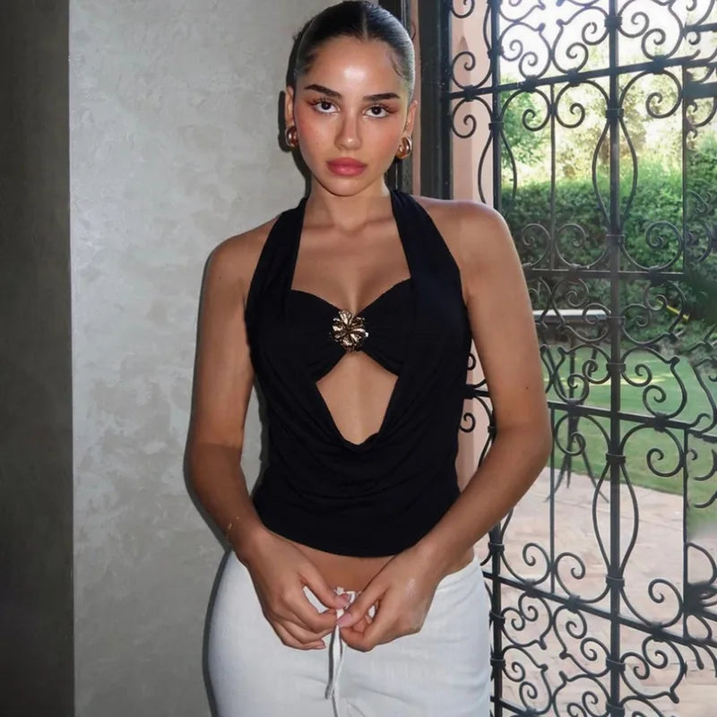 Women's Elegant Halter Neck Sleeveless Top – Sexy Hollow Out Backless Summer Casual Crop T-Shirt