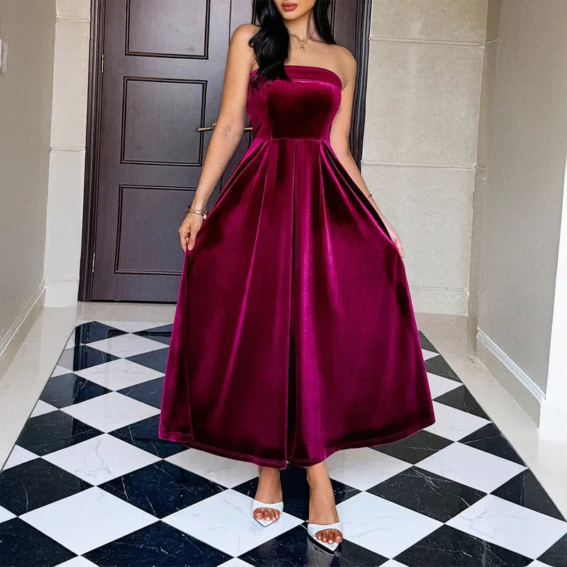Women's Elegant Strapless Velvet Maxi Dress – High Waist A-Line Evening Gown