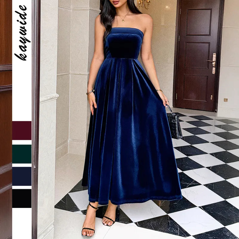 Women's Elegant Strapless Velvet Maxi Dress – High Waist A-Line Evening Gown