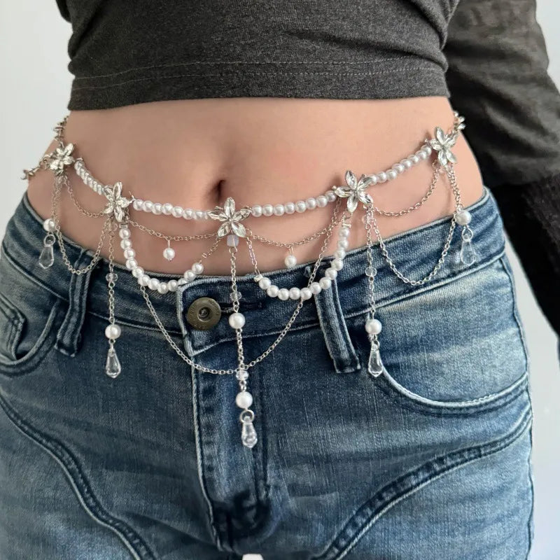 Multi-Layer Pearl Flower Waterdrop Tassel Waist Chain
