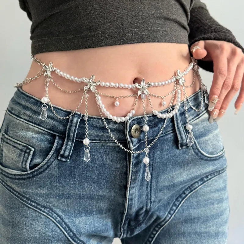 Multi-Layer Pearl Flower Waterdrop Tassel Waist Chain